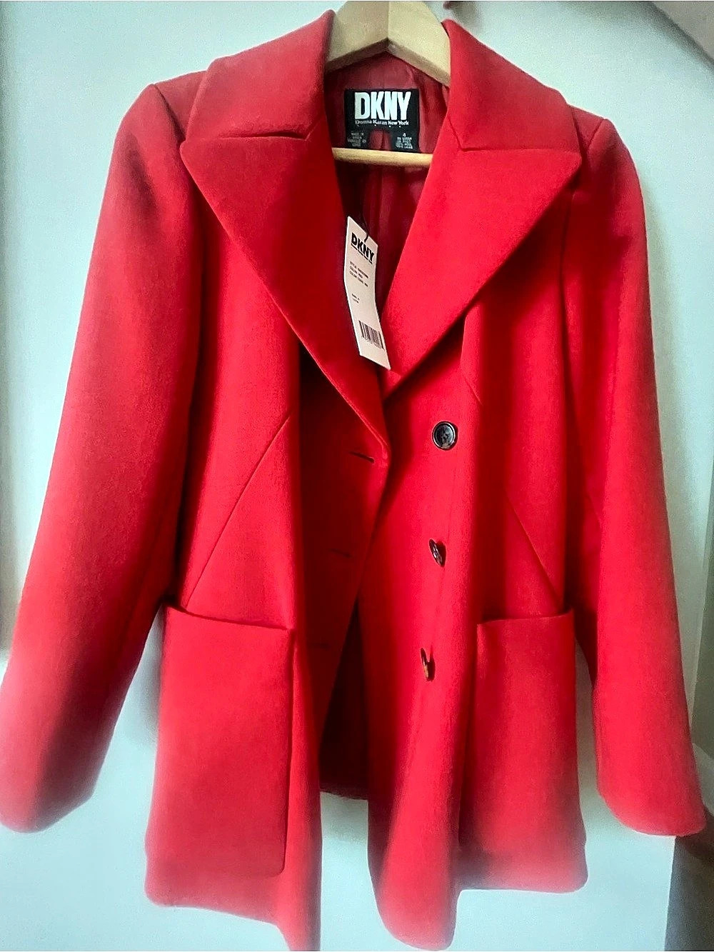 DKNY Women's Red Double-Breasted Pea Coat Size 4 NWT